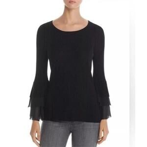 Design History Black Ribbed Long Sleeve Top with Ruffled Sleeves - M
